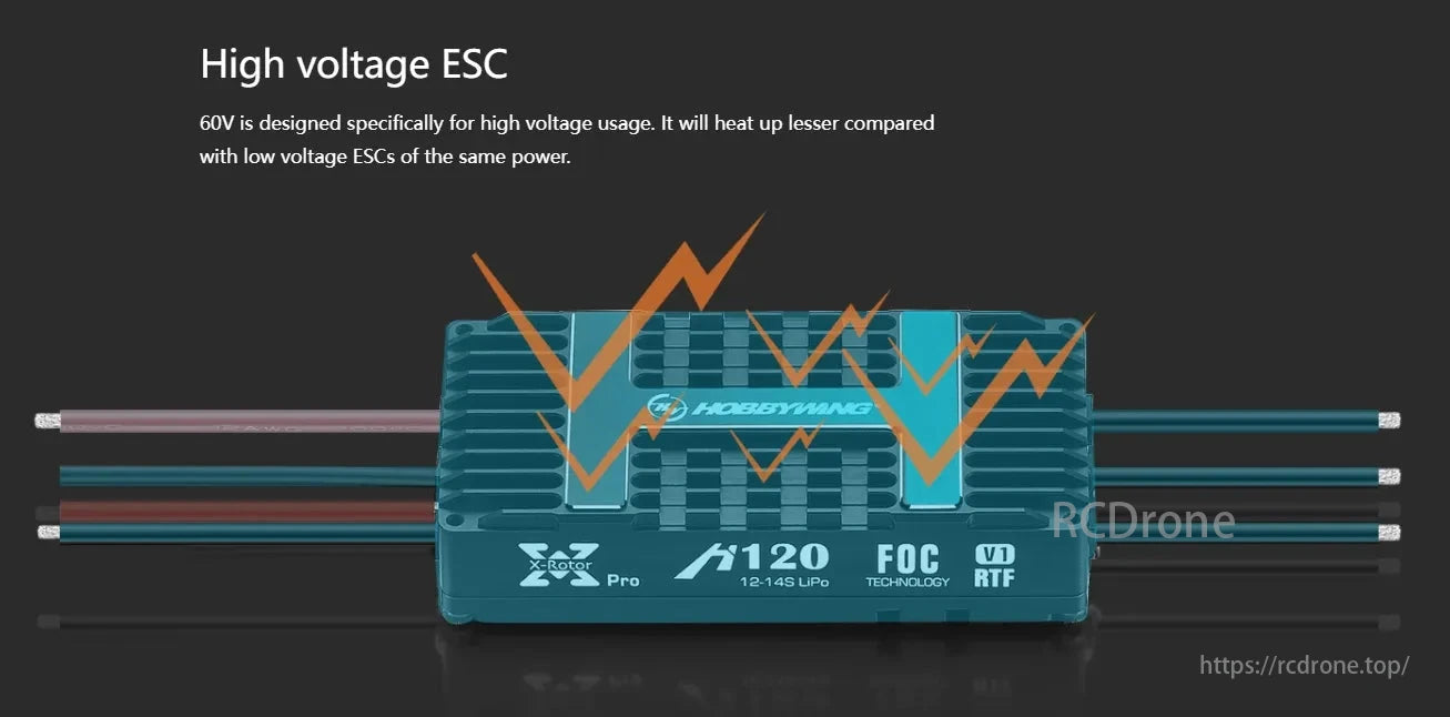 Hobbywing XRotor H120A 14S Foc V1 ESC, High voltage ESC, up to 60V, generates less heat than low voltage ESCs of the same power.