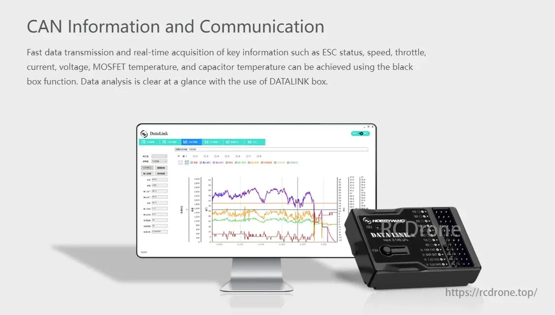 Hobbywing XRotor H120A 14S Foc V1 ESC, CAN bus enables fast data transmission and real-time acquisition of key drone information, with clear data analysis via DATALINK box.