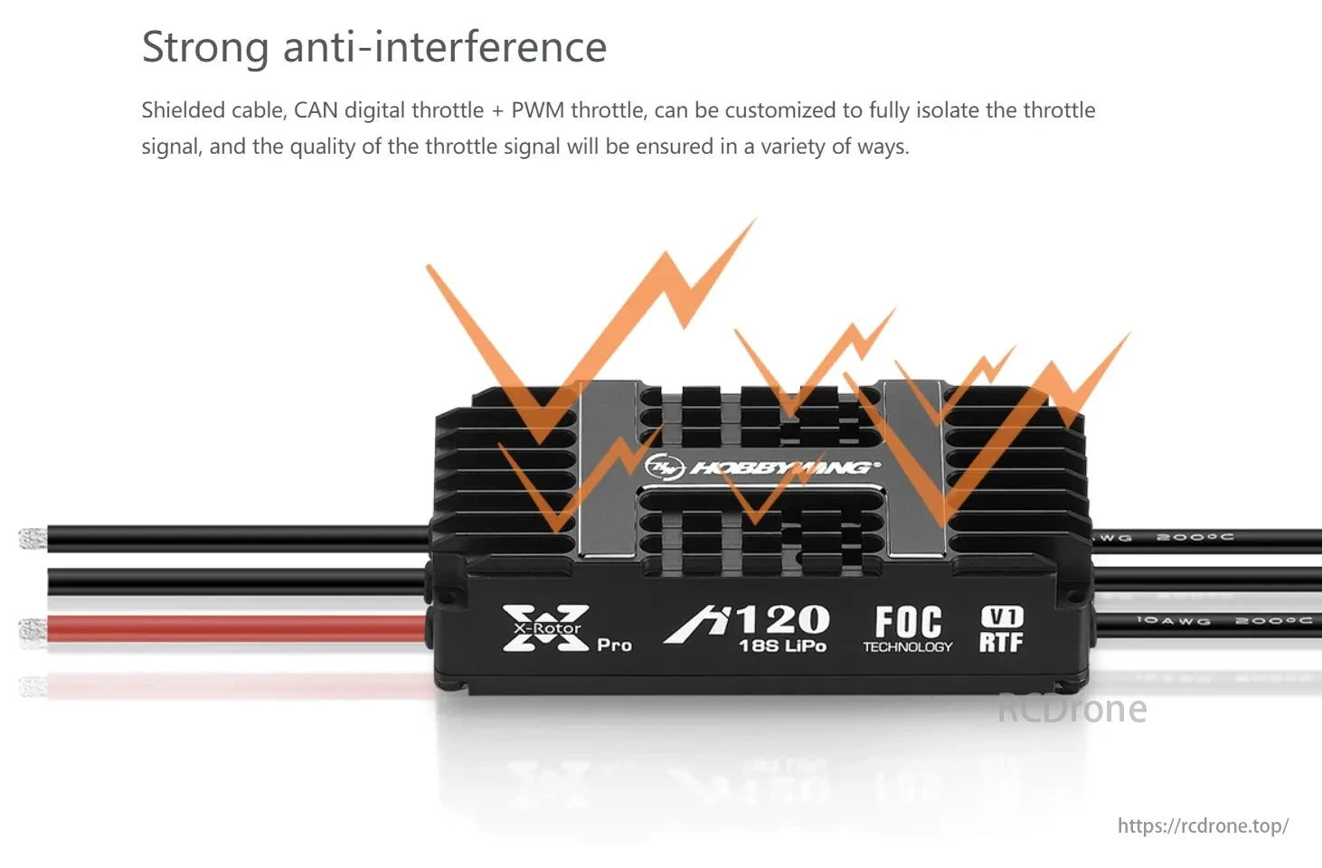 Hobbywing XRotor H120A 18S FOC 120A ESC, H120 18S LiPo FOC TECHNOLOGY V1 RTF features strong anti-interference, shielded cable, customizable throttle signal isolation, and ensured quality in various ways.