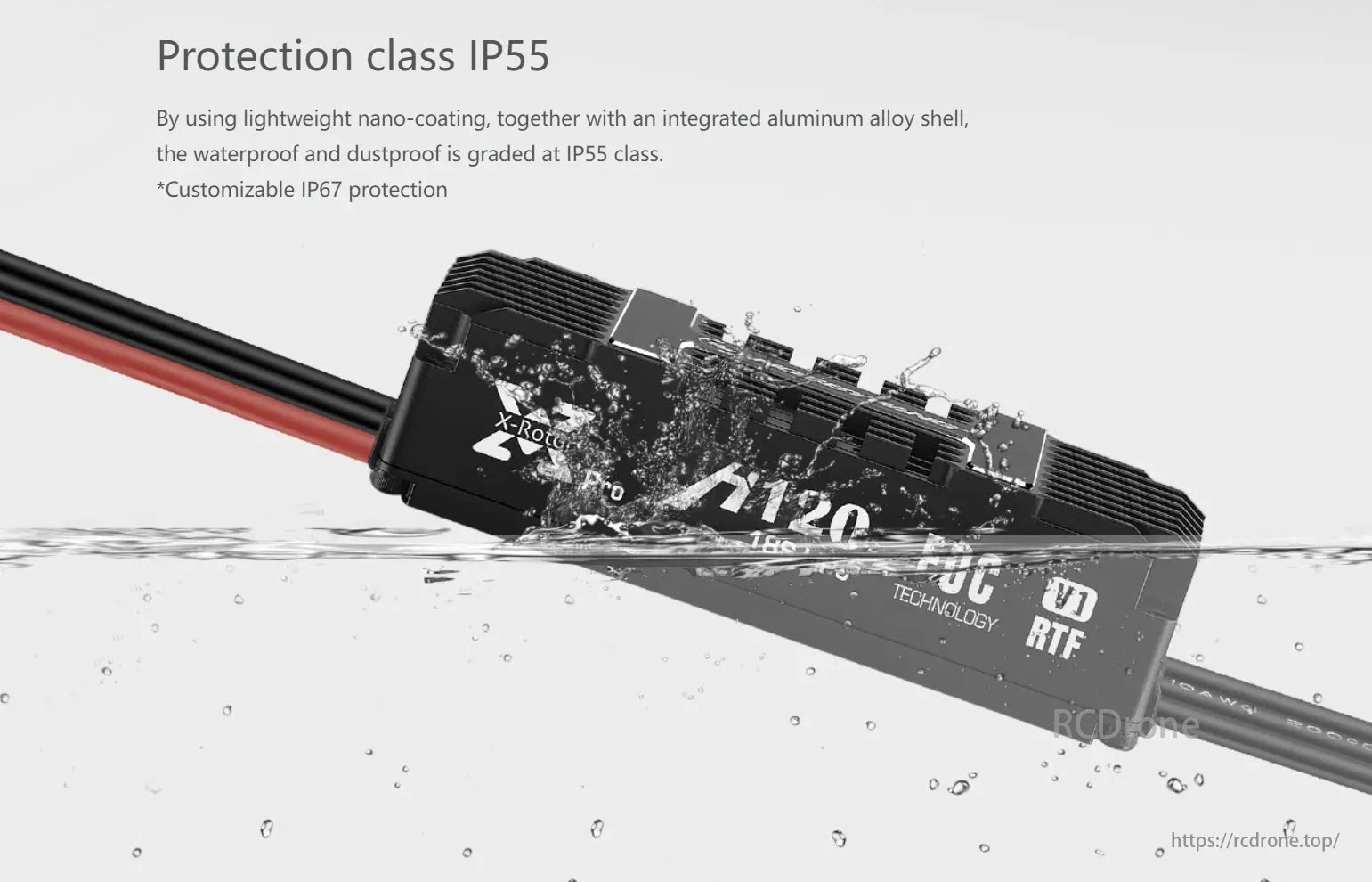 Hobbywing XRotor H120A 18S FOC 120A ESC, IP55 protection, lightweight nano-coating, aluminum alloy shell, waterproof/dustproof, customizable IP67 available.