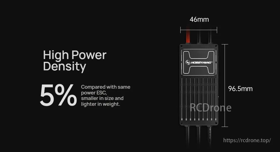 Hobbywing XRotor H130A 14S BLDC/FOC Brushless ESC, High power density ESC, 5% smaller and lighter, with a size of 46mm x 96.5mm.