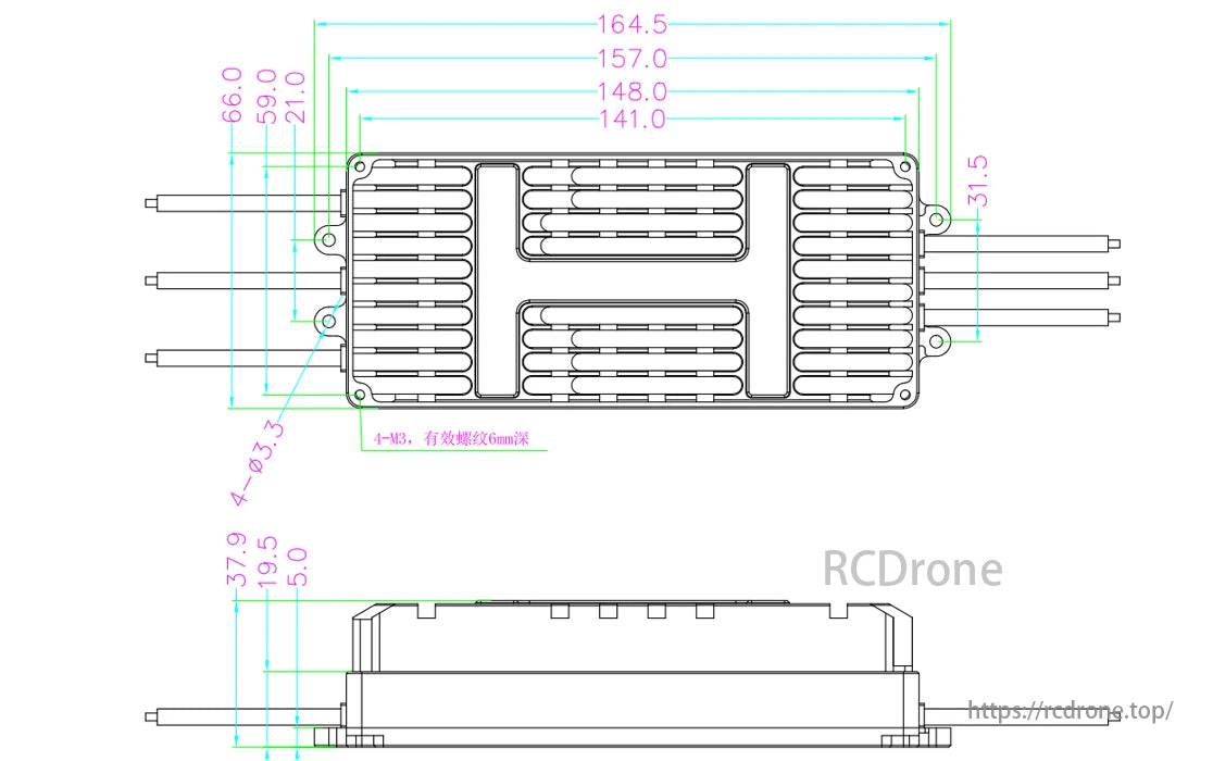 Hobbywing XRotor H150A 24S ESC, Dimensions and specifications for a mechanical component are detailed.