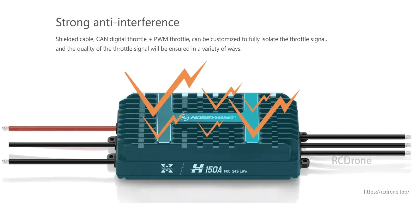 Hobbywing XRotor H150A 24S ESC, Strong anti-interference, shielded cable, customizable CAN/PWM throttle for isolated signals, ensuring quality.