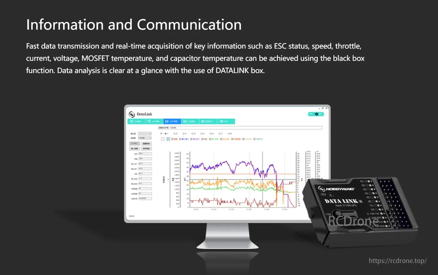 Hobbywing XRotor H150A 24S ESC, Fast data transmission and real-time info acquisition (ESC status, speed, throttle, current, voltage, temperatures) via black box function. Clear data analysis with DATALINK box.