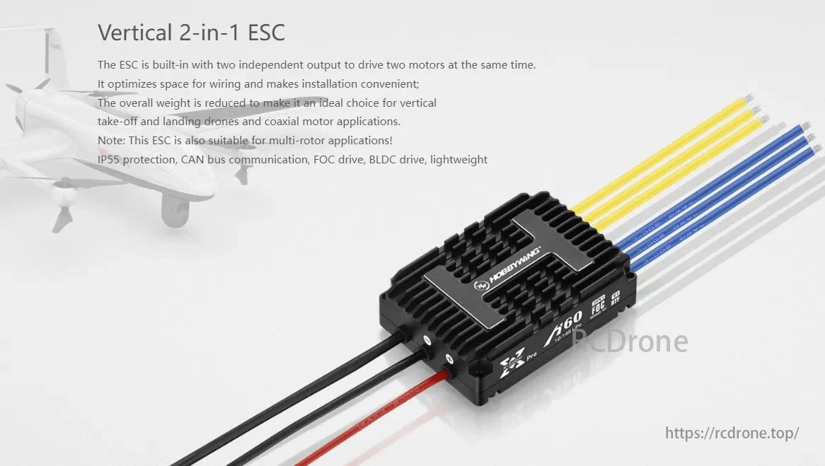 Hobbywing XRotor H60A (2in1) 14S FOC & BLDC V1 ESC, Vertical 2-in-1 ESC with dual outputs for motor control, perfect for VTOL drones and coaxial motors, featuring IP55, CAN bus, FOC/BLDC drive, and lightweight design.