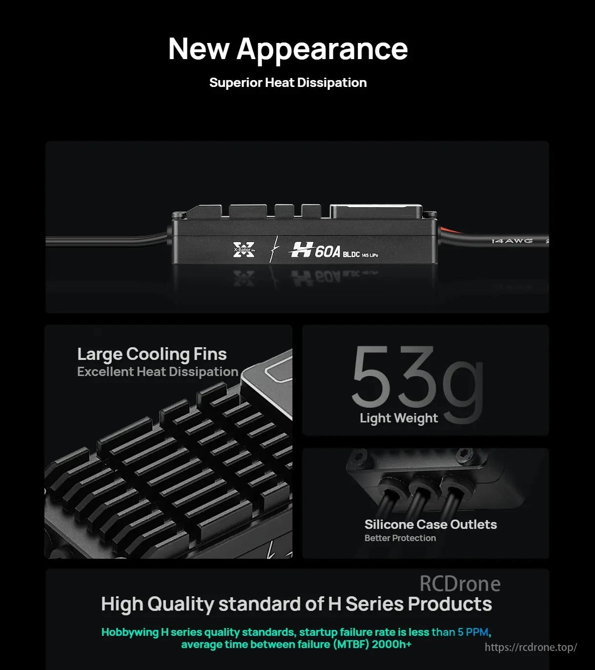 Hobbywing XRotor H60A 6S/14S ESC, H Series products feature a new appearance, superior heat dissipation, lightweight design, and high-quality standards for reliability.