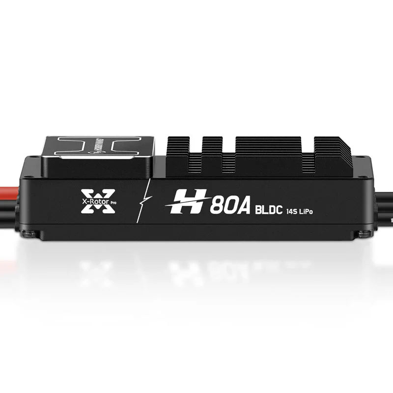 Hobbywing XRotor H80A 14S BLDC/FOC ESC, X-Rotor Pro 80A BLDC ESC with heat sink and connectors for high-performance 14S LiPo applications.