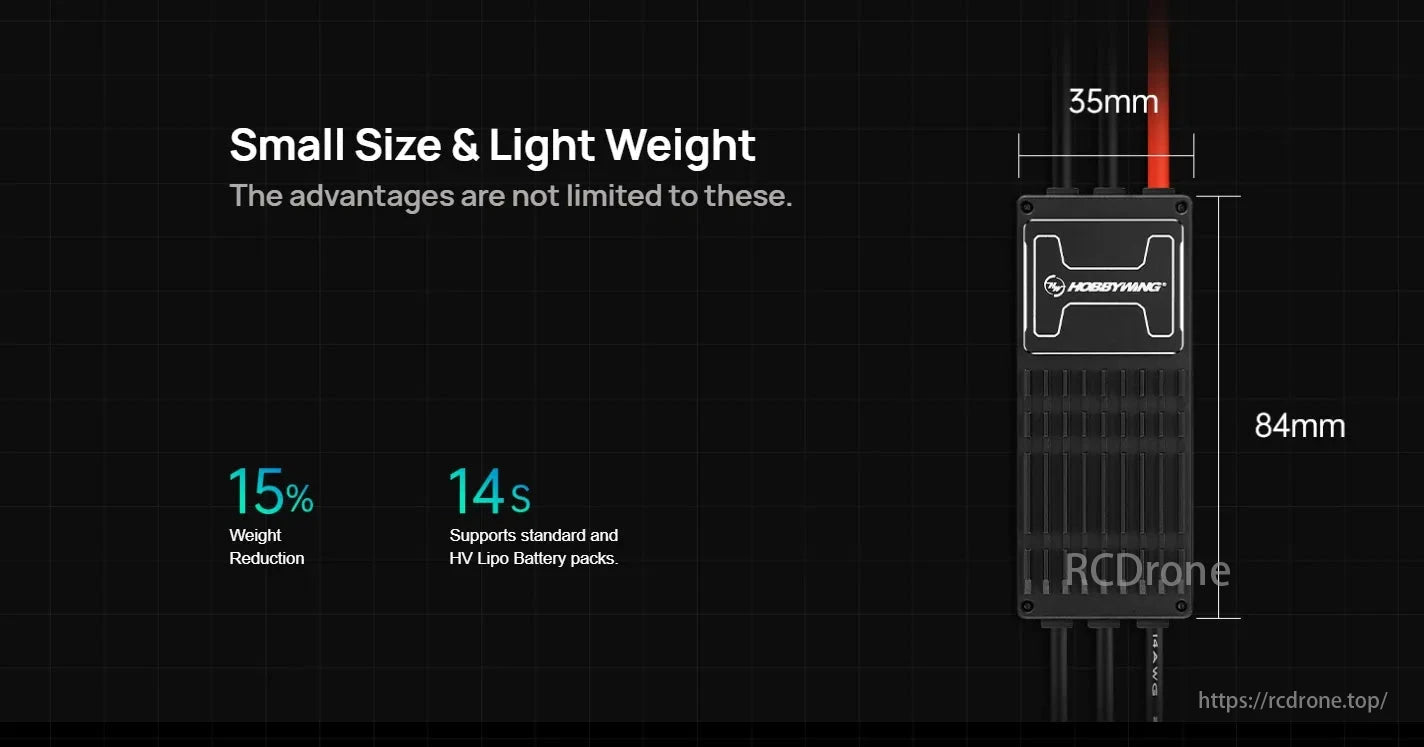 Hobbywing XRotor H80A 14S BLDC/FOC ESC, Small, lightweight device with 15% weight reduction. Supports standard and HV Lipo Battery packs.