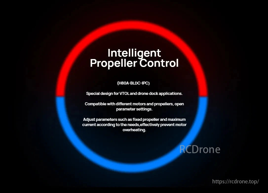 Hobbywing XRotor H80A 14S BLDC/FOC ESC, Intelligent Propeller Control for VTOL and drone dock, compatible with various motors, prevents overheating.