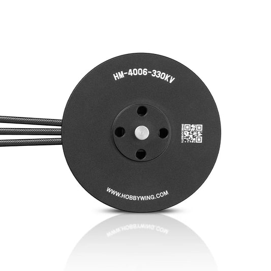 Hobbywing XRotor M4006 Industrial Drone Motor, Hobbywing XRotor M4006 drone motor base plate with HM-4006-330KV label, QR code, and three motor wires