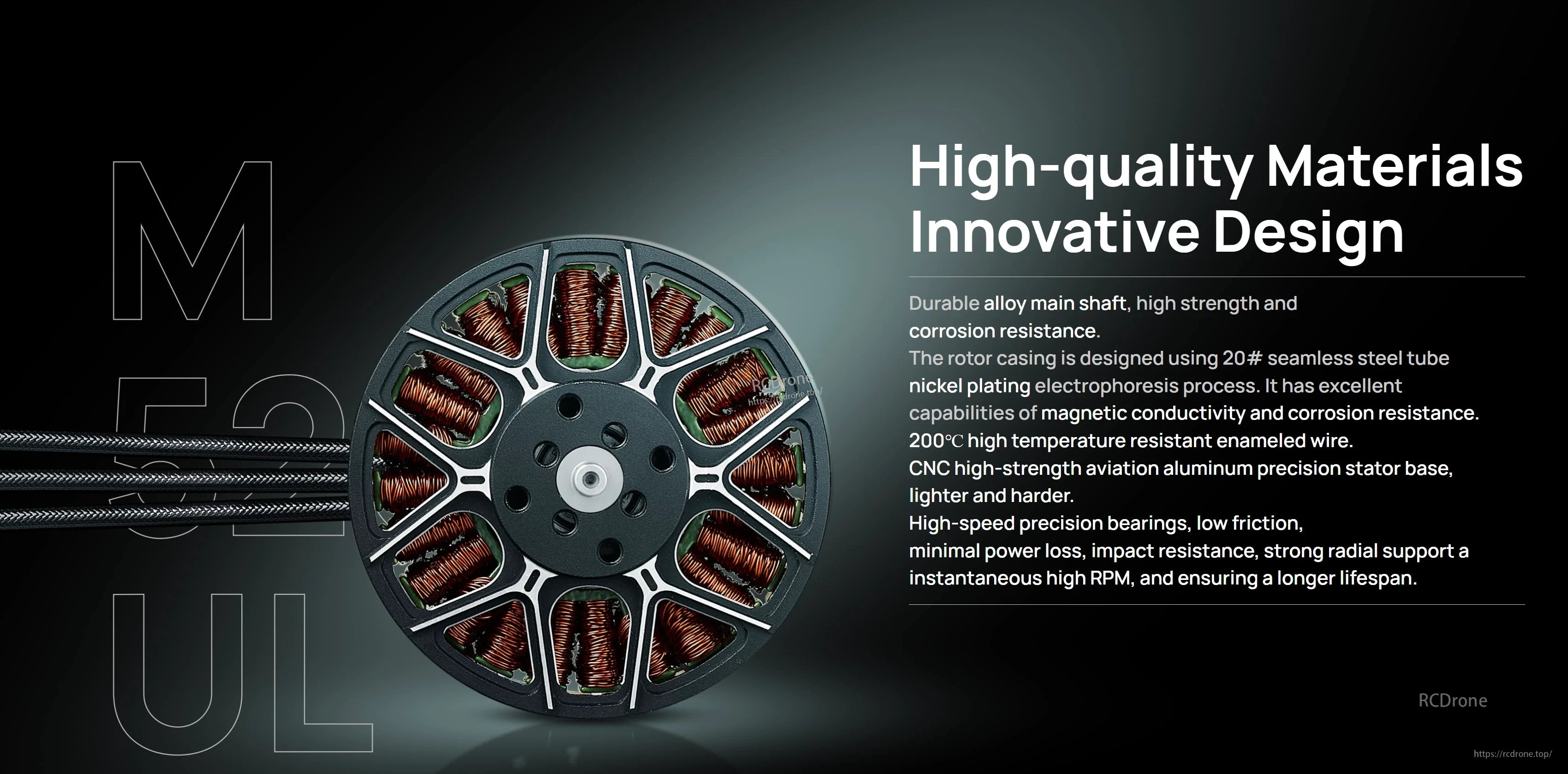 Hobbywing XRotor M5208 Light Motor, Hobbywing XRotor M5208 Light brushless motor close-up with visible copper windings and three motor wires