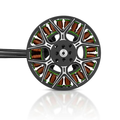 Hobbywing XRotor M6208 UL (M6208 Light) Motor, Hobbywing XRotor M6208 UL brushless drone motor, top view with copper windings, mounting plate and power leads