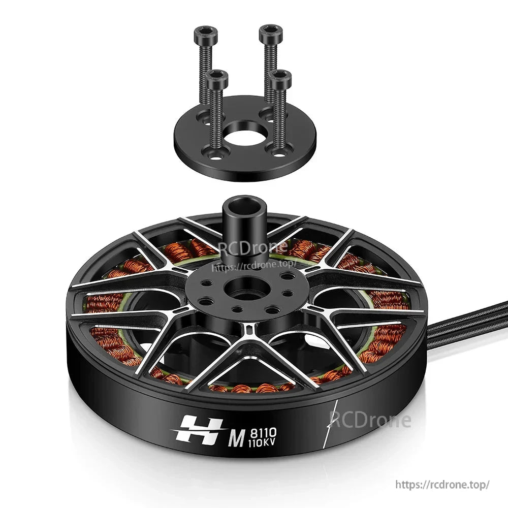Hobbywing XRotor M8110 110KV multirotor drone motor with mounting plate, four bolts, and exposed copper windings