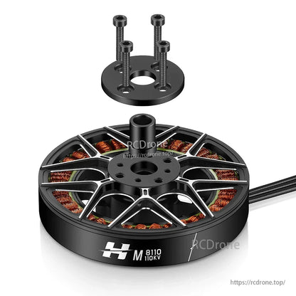 Hobbywing XRotor M8110 110KV multirotor drone motor with mounting plate, four bolts, and exposed copper windings