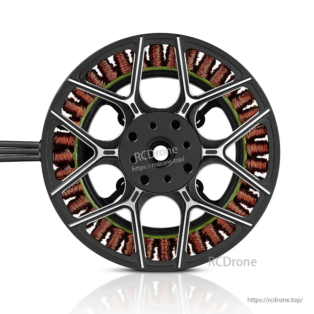 Hobbywing XRotor M8110 multirotor drone motor top view with open-frame rotor, copper windings, and lead wires
