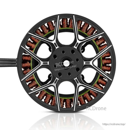 Hobbywing XRotor M8110 multirotor drone motor top view with open-frame rotor, copper windings, and lead wires