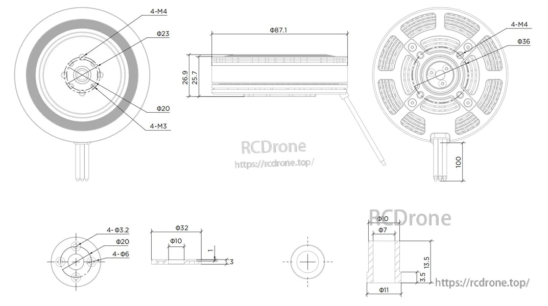Dimension drawing of Hobbywing XRotor M8110 multirotor drone motor showing 87.1 mm diameter and M4/M3 mounting holes