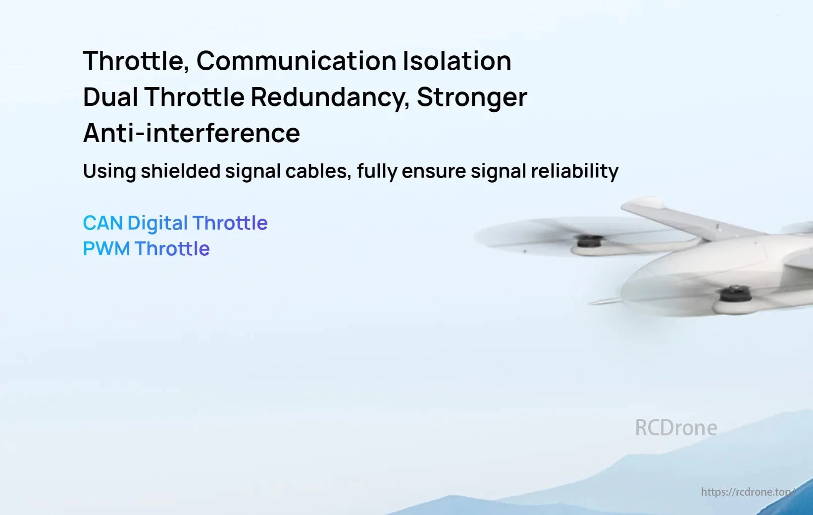 Hobbywing XRotor Pro H200A 14S ESC, Dual throttle redundancy with communication isolation and shielded cables for reliability; supports CAN Digital and PWM Throttle.