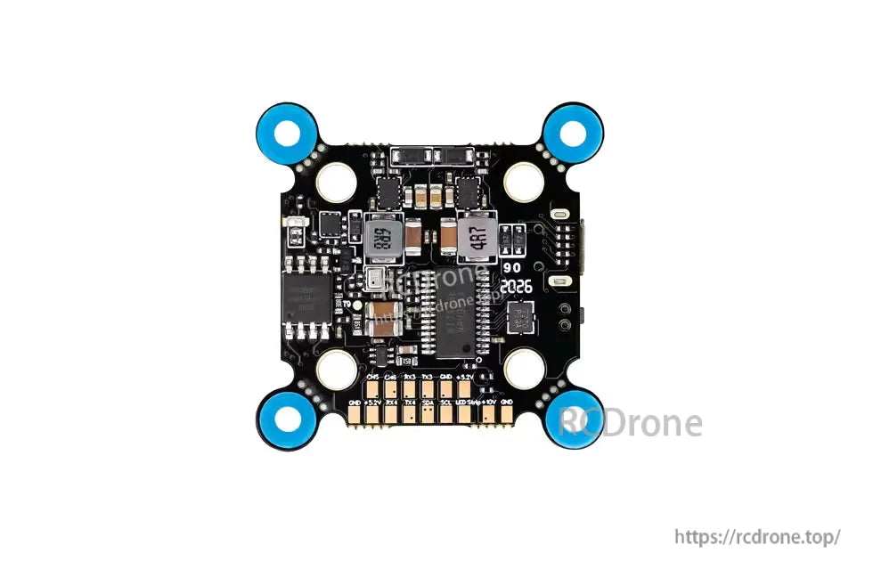 Hobbywing XRotor 20x20 drone stack circuit board with blue grommeted mounting holes and labeled solder pads