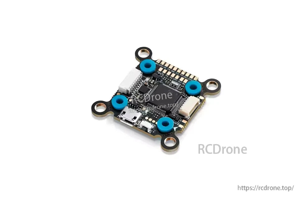 Hobbywing XRotor 20x20 flight controller board with USB port, solder pads, JST plug, and soft mounting grommets