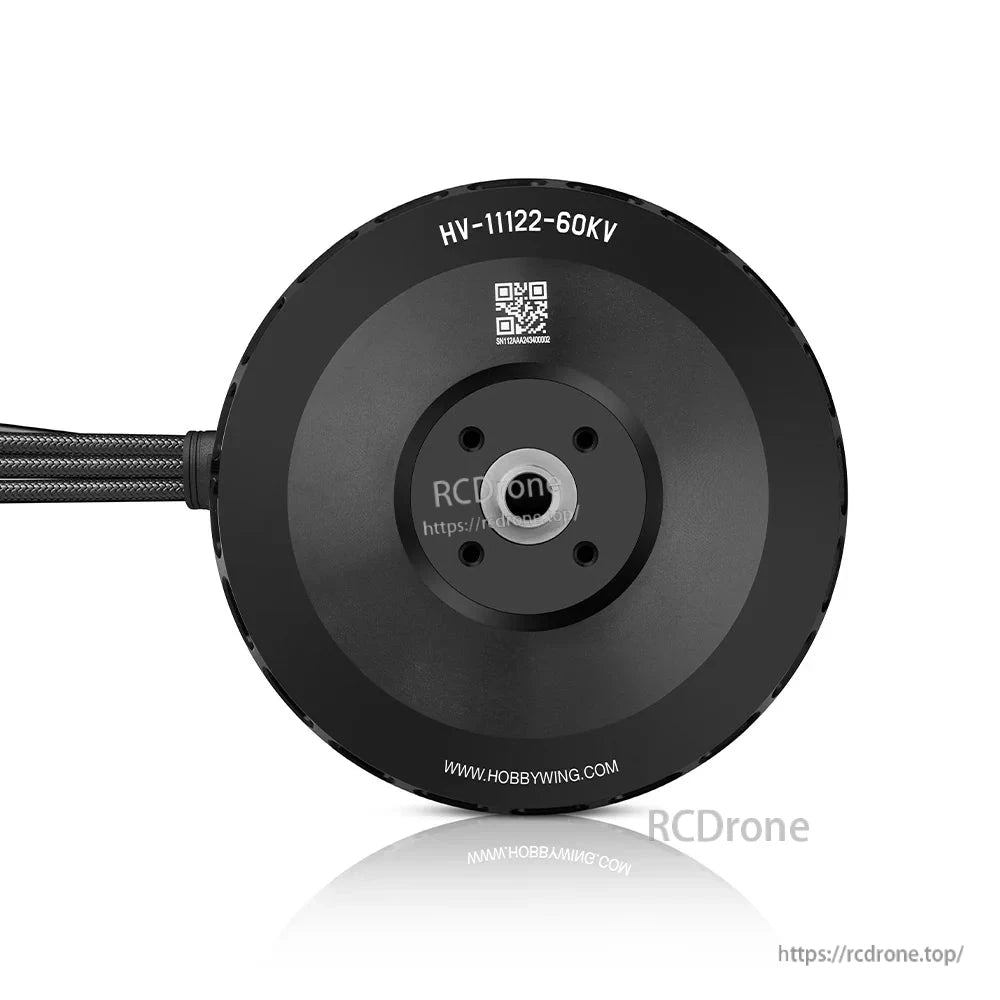 Hobbywing XRotor V11122 IPC Motor, Hobbywing HV-11122-60KV brushless motor top view with QR code label and braided power cable