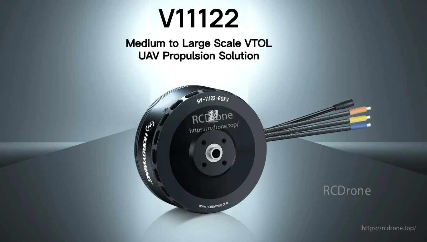 Hobbywing XRotor V11122 IPC Motor, Hobbywing XRotor V11122 HV-11122-60KV UAV motor with front hub mount and three color-coded power leads