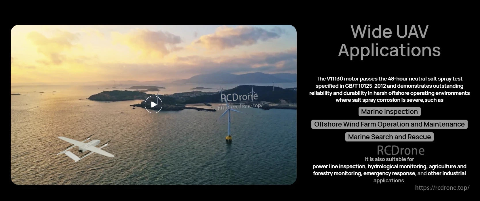 Hobbywing XRotor V11130 IPC Motor, Hobbywing XRotor V11130 motor wide UAV applications graphic with offshore wind farm scene and marine inspection callouts