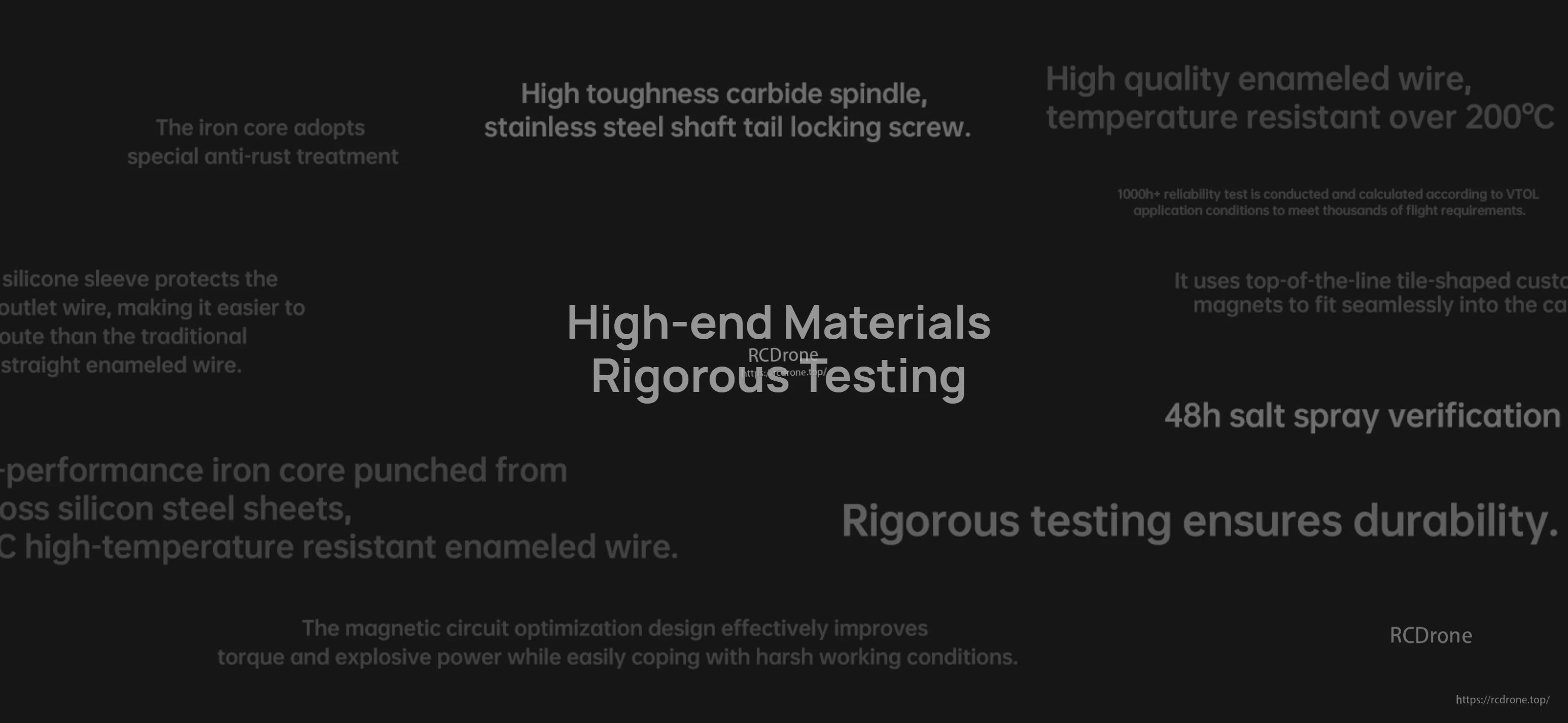 Hobbywing XRotor V5212 275KV IPC Motor, Hobbywing XRotor V5212 275KV motor graphic highlighting high-end materials, rigorous testing, and 48h salt spray verification