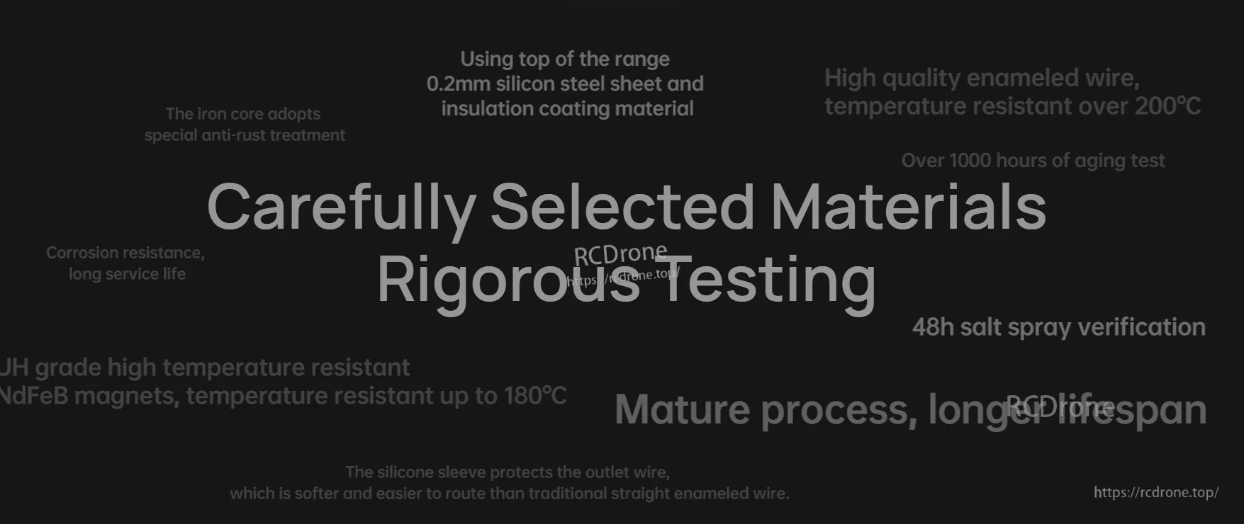 Hobbywing XRotor V6215 210KV 12S VTOL Motor, Hobbywing XRotor V6215 motor materials and testing graphic mentioning 0.2mm silicon steel, salt spray and aging tests