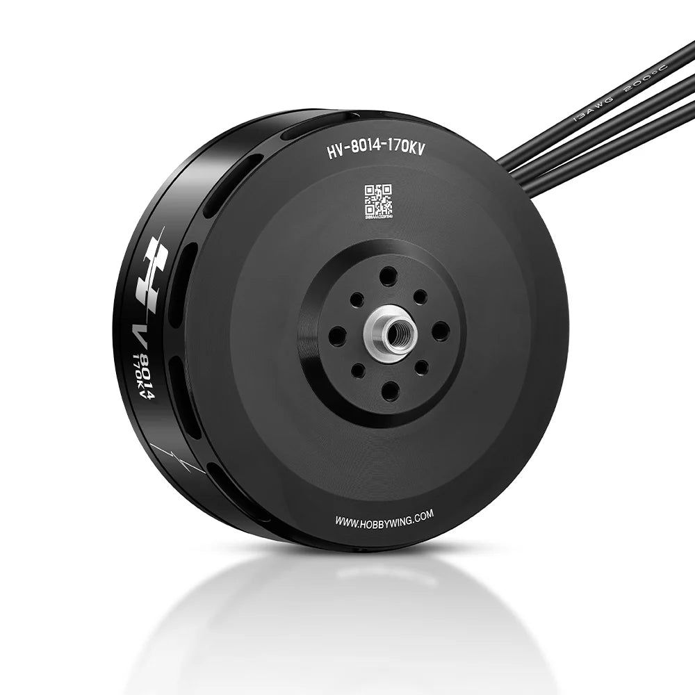 Hobbywing XRotor V8014 170KV VTOL Drone Motor, Hobbywing XRotor HV-8014 170KV brushless drone motor with black housing, mounting holes, and attached power leads