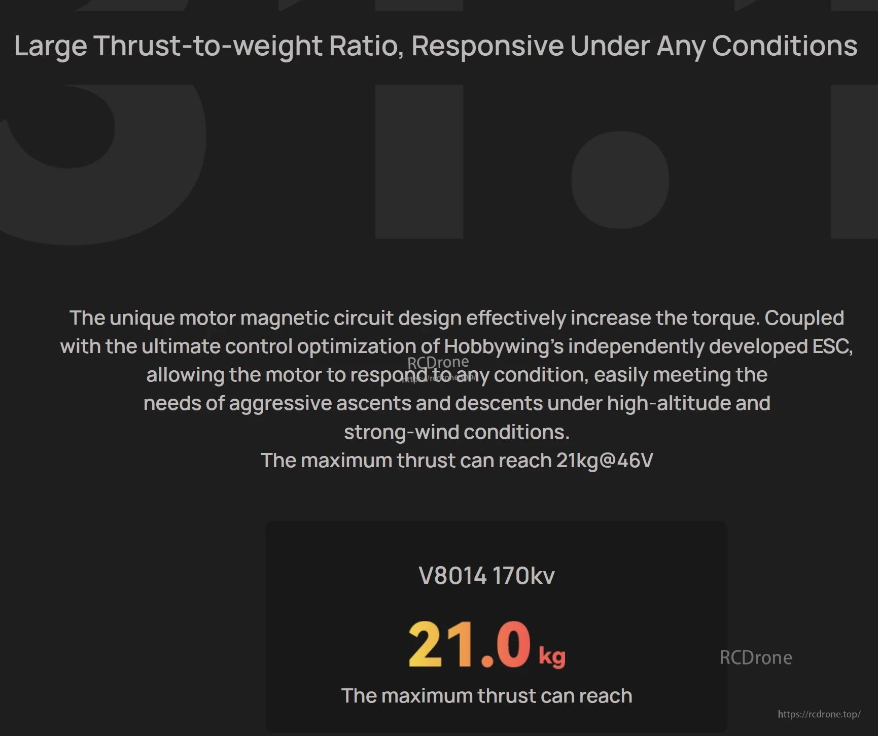 Hobbywing XRotor V8014 170KV VTOL Drone Motor, Performance graphic for Hobbywing XRotor V8014 170KV drone motor stating maximum thrust up to 21.0 kg at 46V.