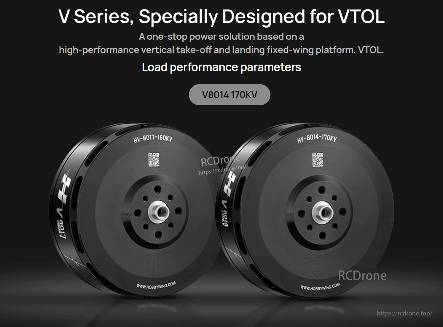 Hobbywing XRotor V8014 170KV VTOL drone motor, front view with mounting holes and vented black housing