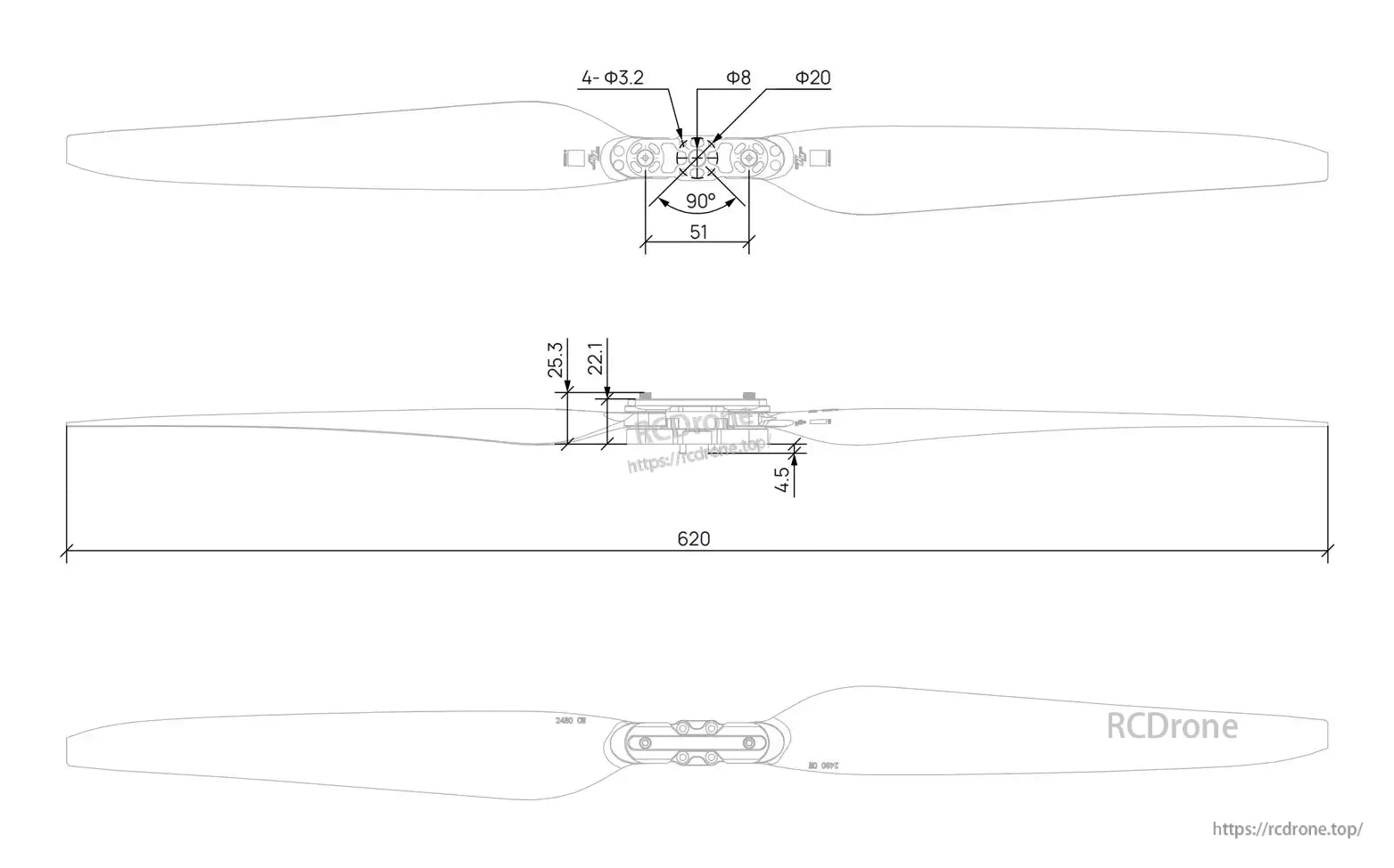 Technical dimension drawing of a 620 mm drone propeller with 4×3.2 mm mounting holes and 8/20 mm hub diameters.