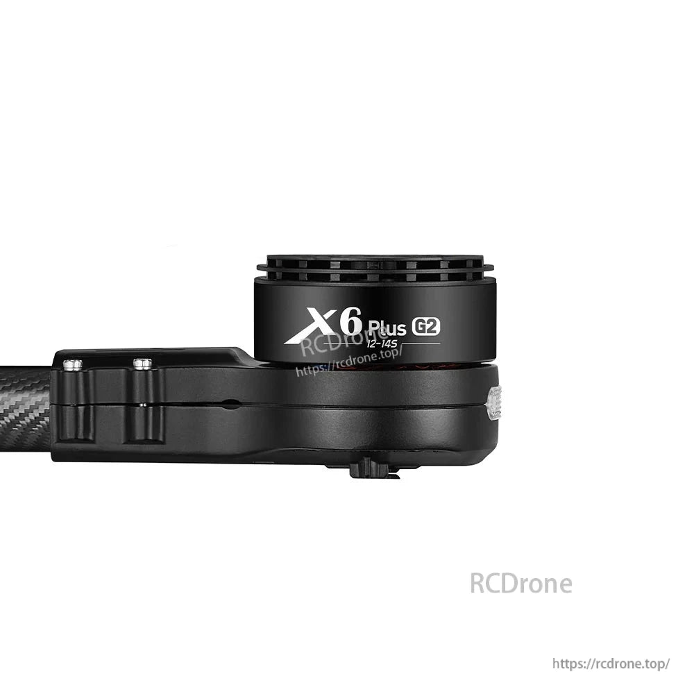 Hobbywing XRotor X6 Plus G2 drone motor on carbon fiber arm with “12–14S” marking