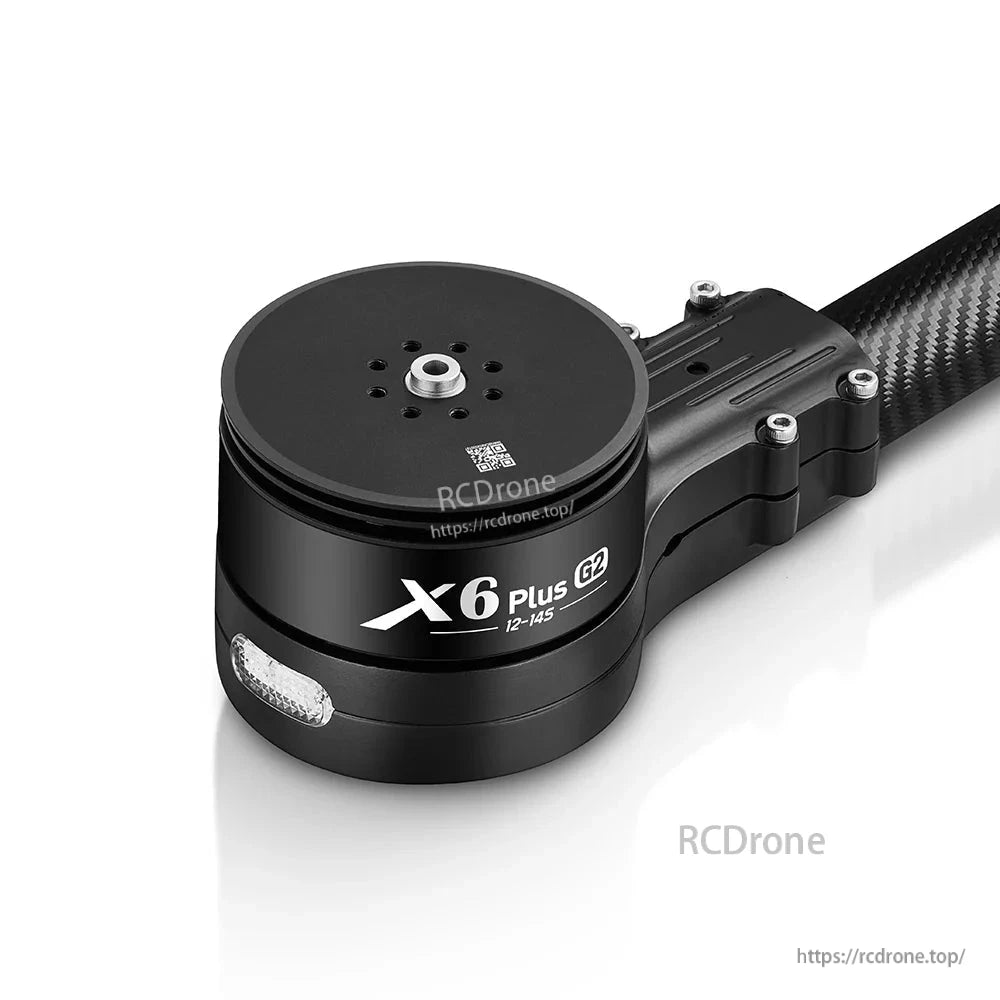 Hobbywing XRotor X6 Plus G2 drone propulsion motor on arm mount, labeled 12-14S