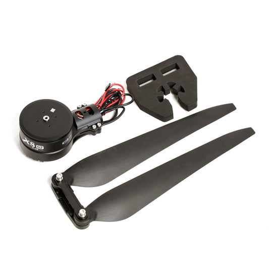 Hobbywing XRotor X8 G2 drone motor set with wiring, folding propeller blades, and mounting hardware