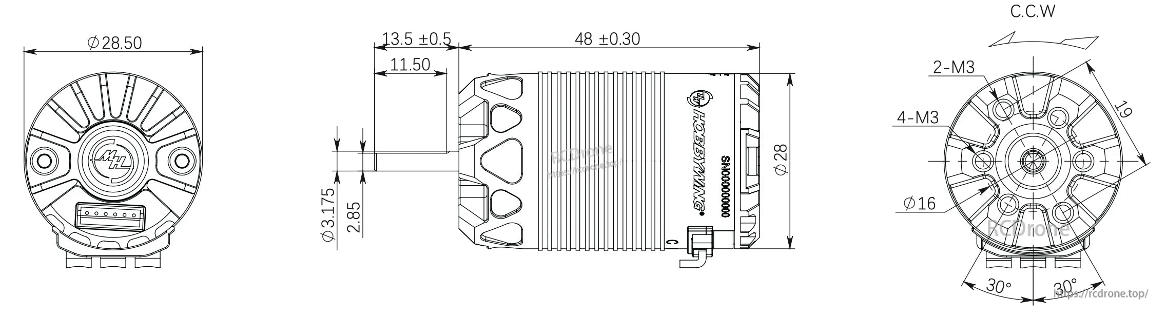 Hobbywing XeRun 2848 sensored brushless motor dimension drawing with 28.5mm diameter, 48mm length and M3 mounts