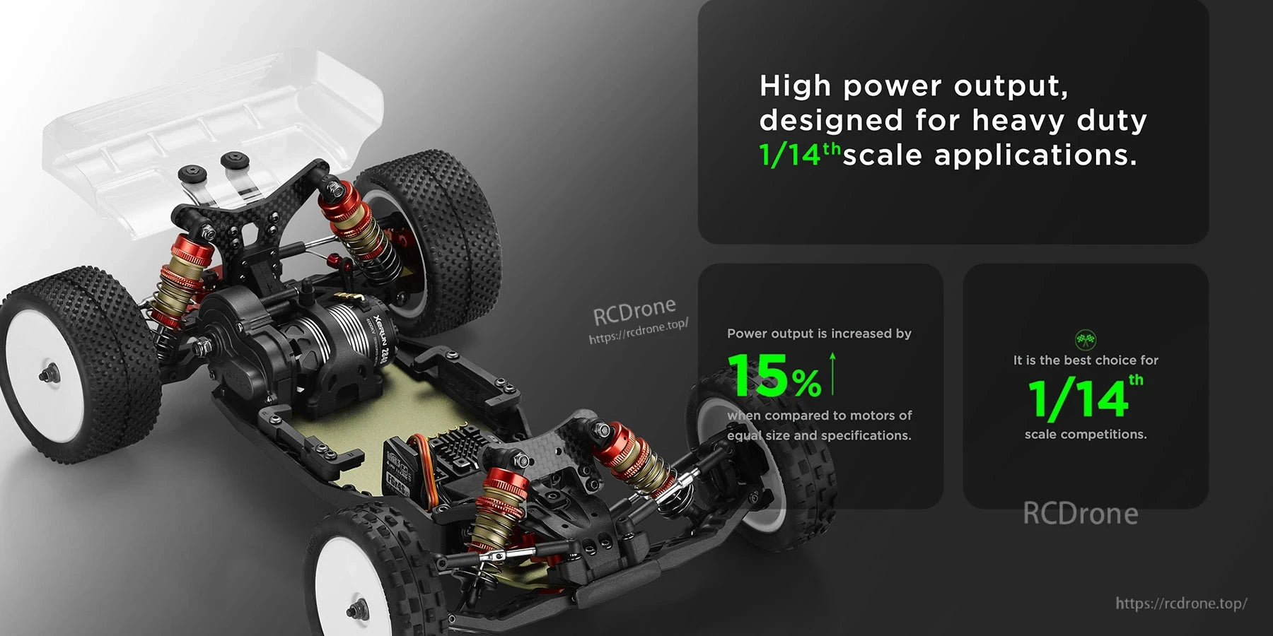 Hobbywing XeRun 2848 sensored brushless motor installed in a 1/14 scale RC buggy chassis