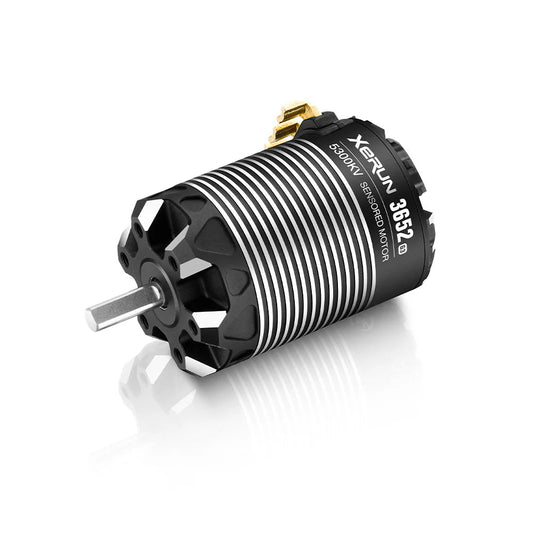 Hobbywing XeRun 3652 G3 sensored brushless RC motor with ribbed can, exposed shaft, and gold bullet connectors
