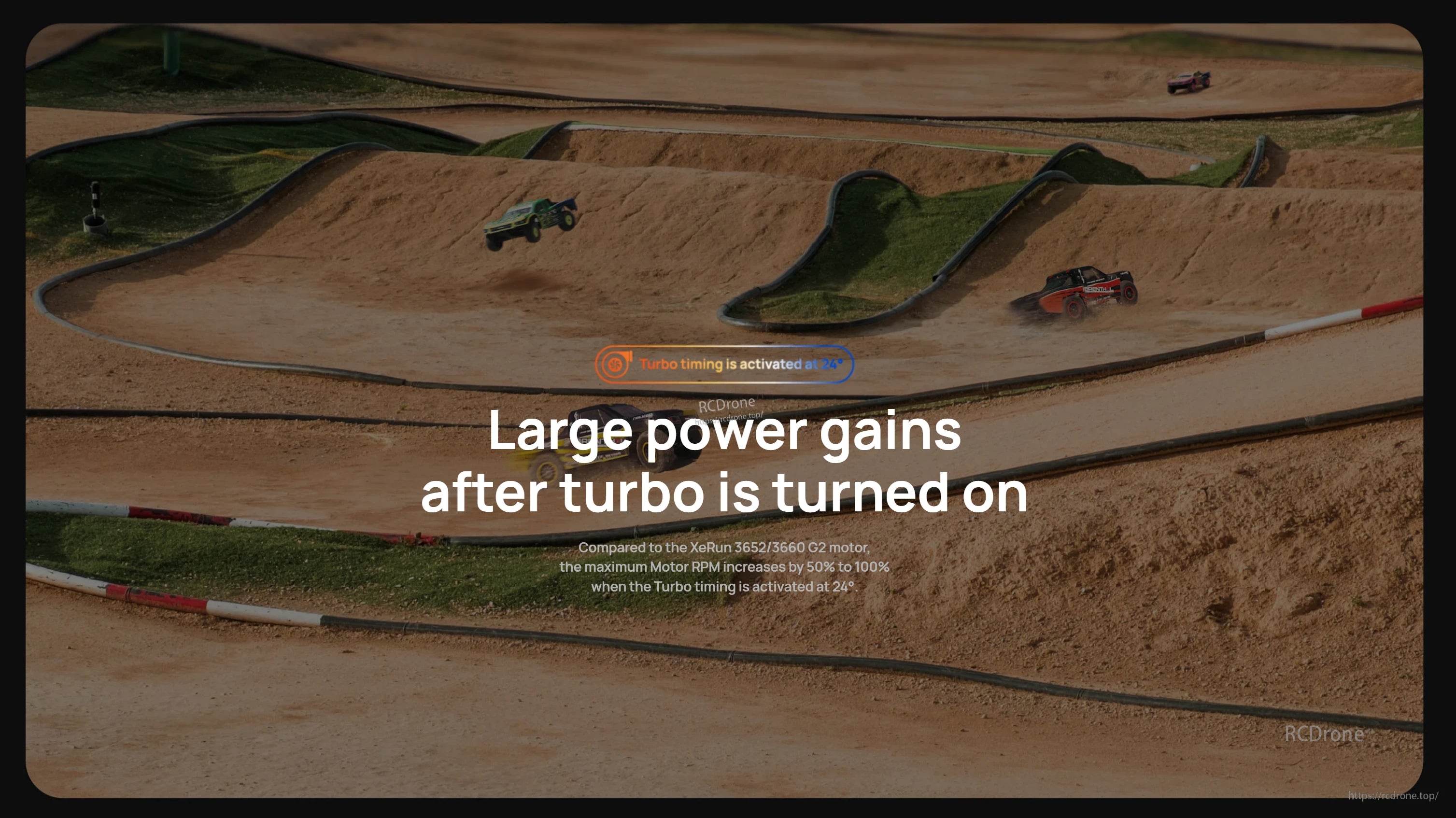 RC trucks racing on a dirt track with text about turbo timing activated at 24° for large power gains