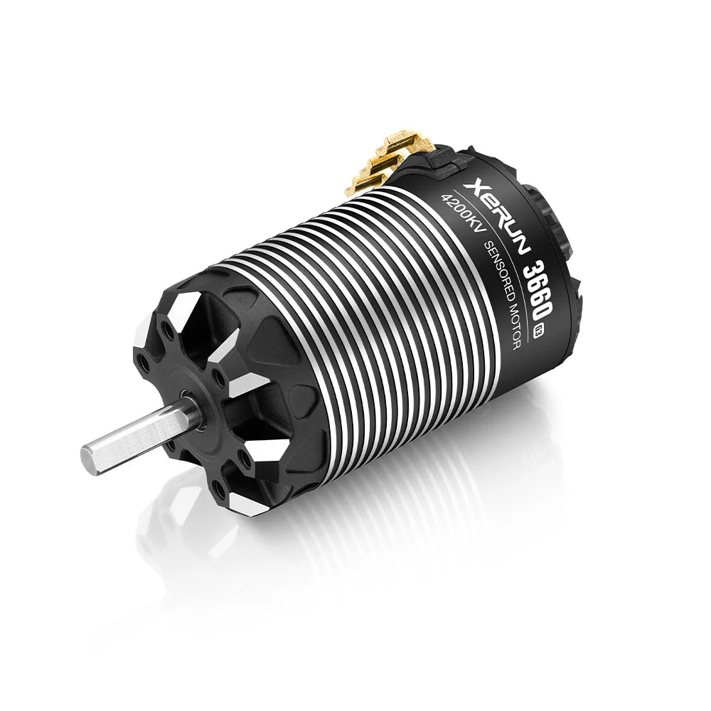 Hobbywing XeRun 3660 G3 sensored brushless RC motor with ribbed heatsink can, 4200KV label and output shaft