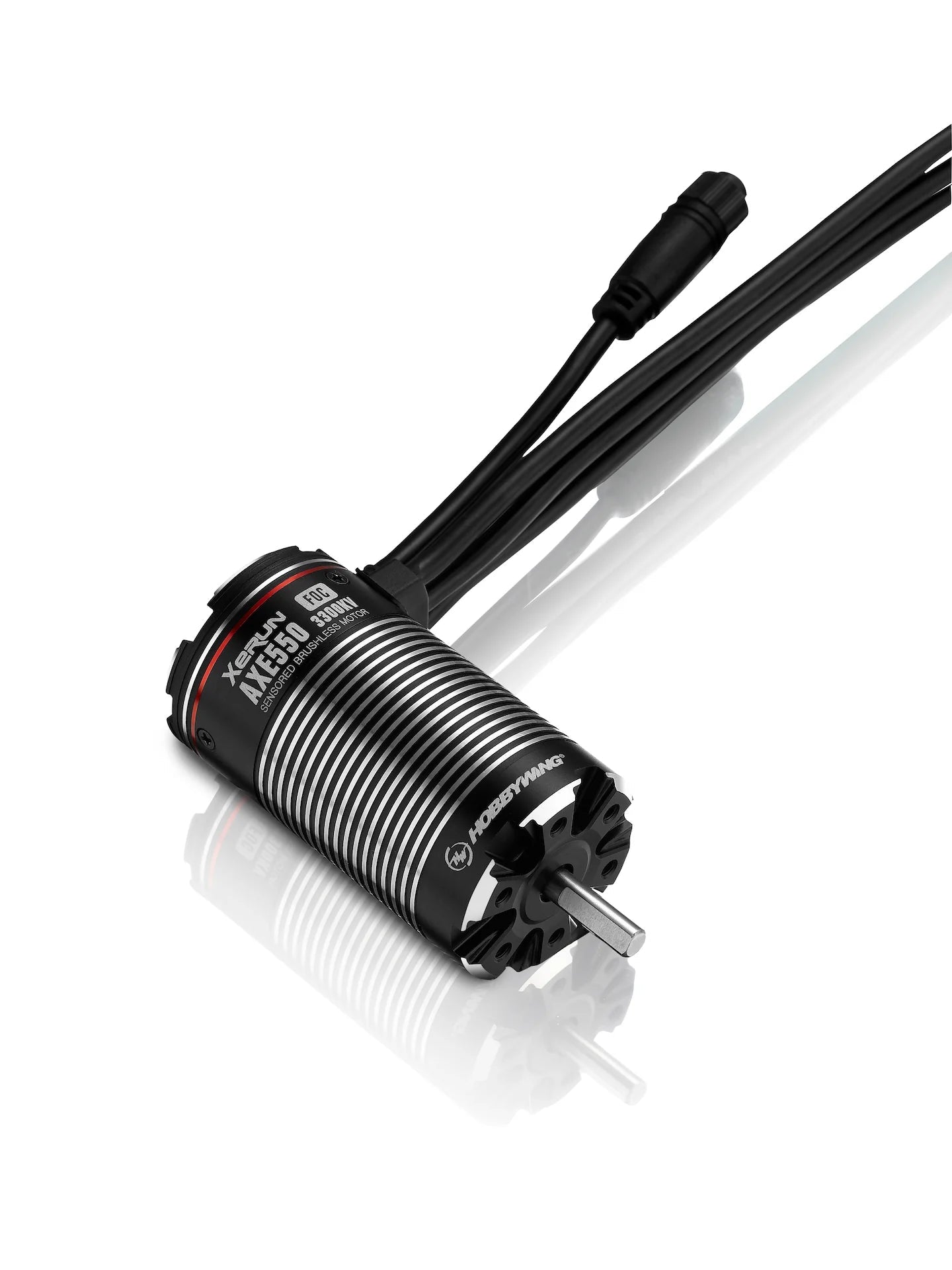 Hobbywing XeRun AXE 540L/550 FOC Brushless Motor, Hobbywing XeRun AXE550 FOC sensored brushless motor with finned can, output shaft, and wired sensor lead