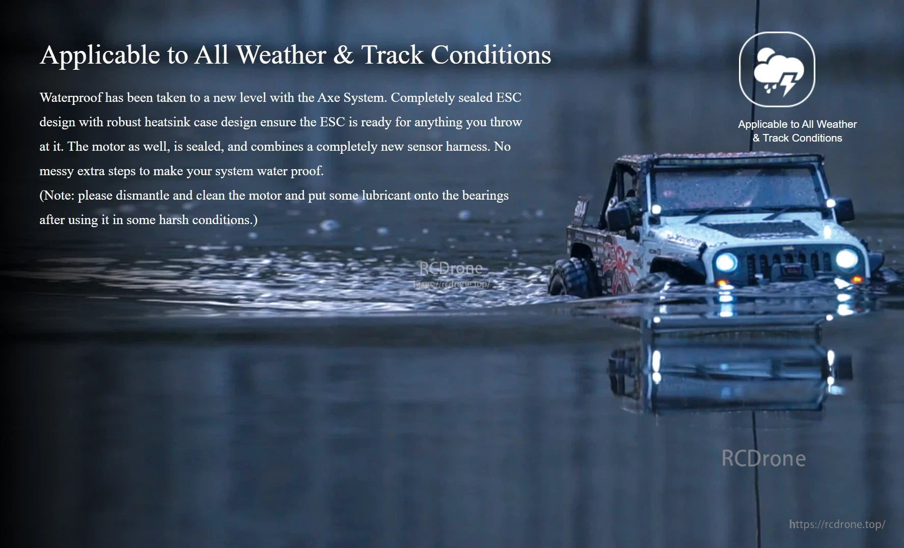 Hobbywing XeRun AXE 540L/550 FOC Brushless Motor, Hobbywing XeRun AXE system all-weather waterproof feature banner with RC crawler driving through water