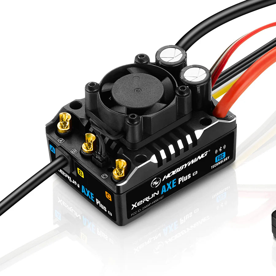 Hobbywing XeRun AXE Plus brushless ESC with cooling fan, labeled motor terminals, and heavy-gauge power leads