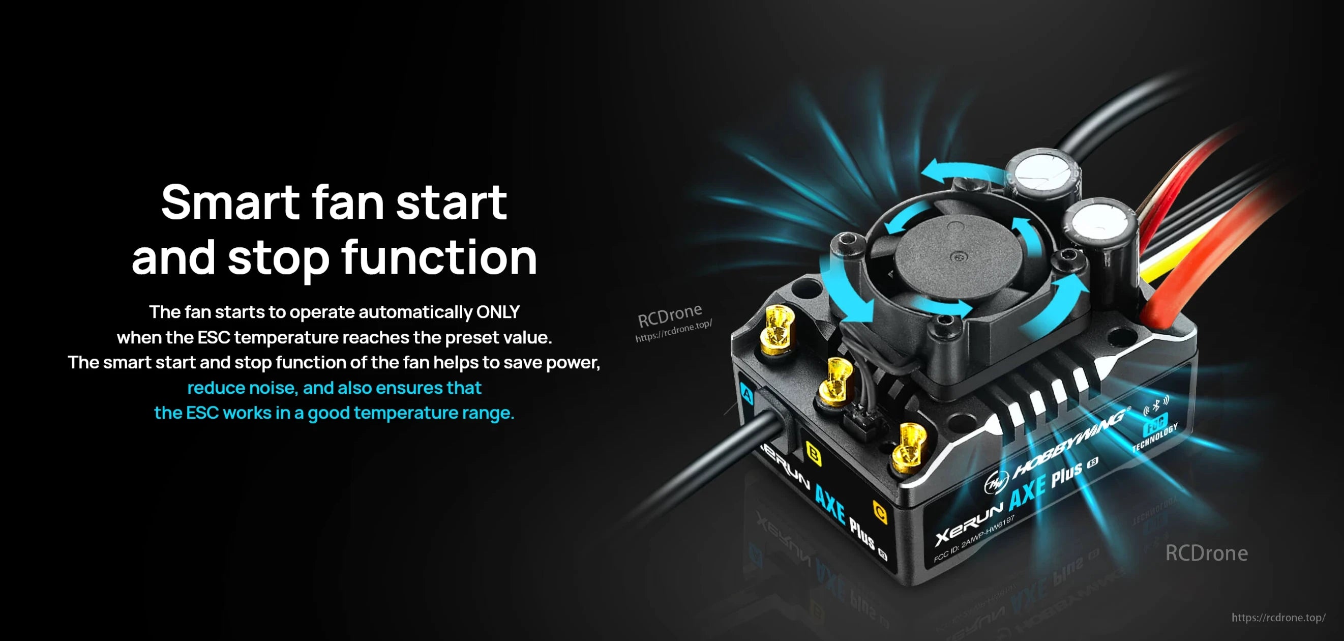 Hobbywing XeRun AXE Plus sensored brushless ESC with built-in cooling fan and gold motor terminals