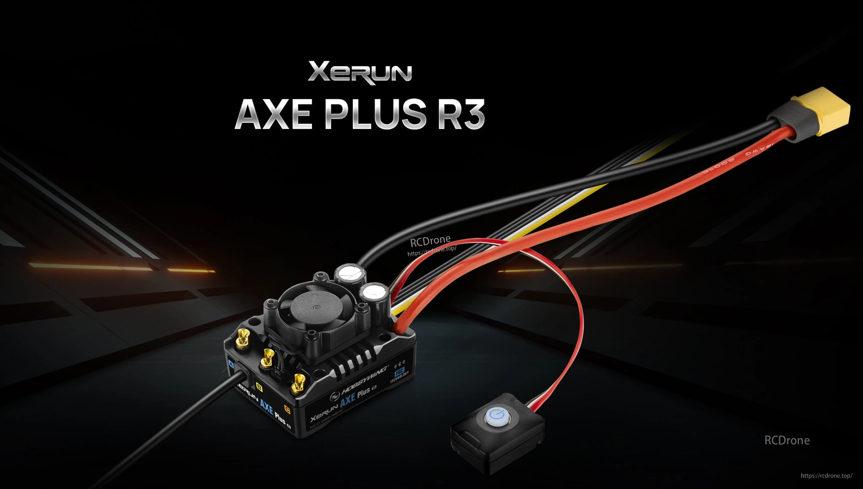 Hobbywing XeRun AXE Plus R3 brushless ESC with cooling fan, XT60 battery lead, and Bluetooth module