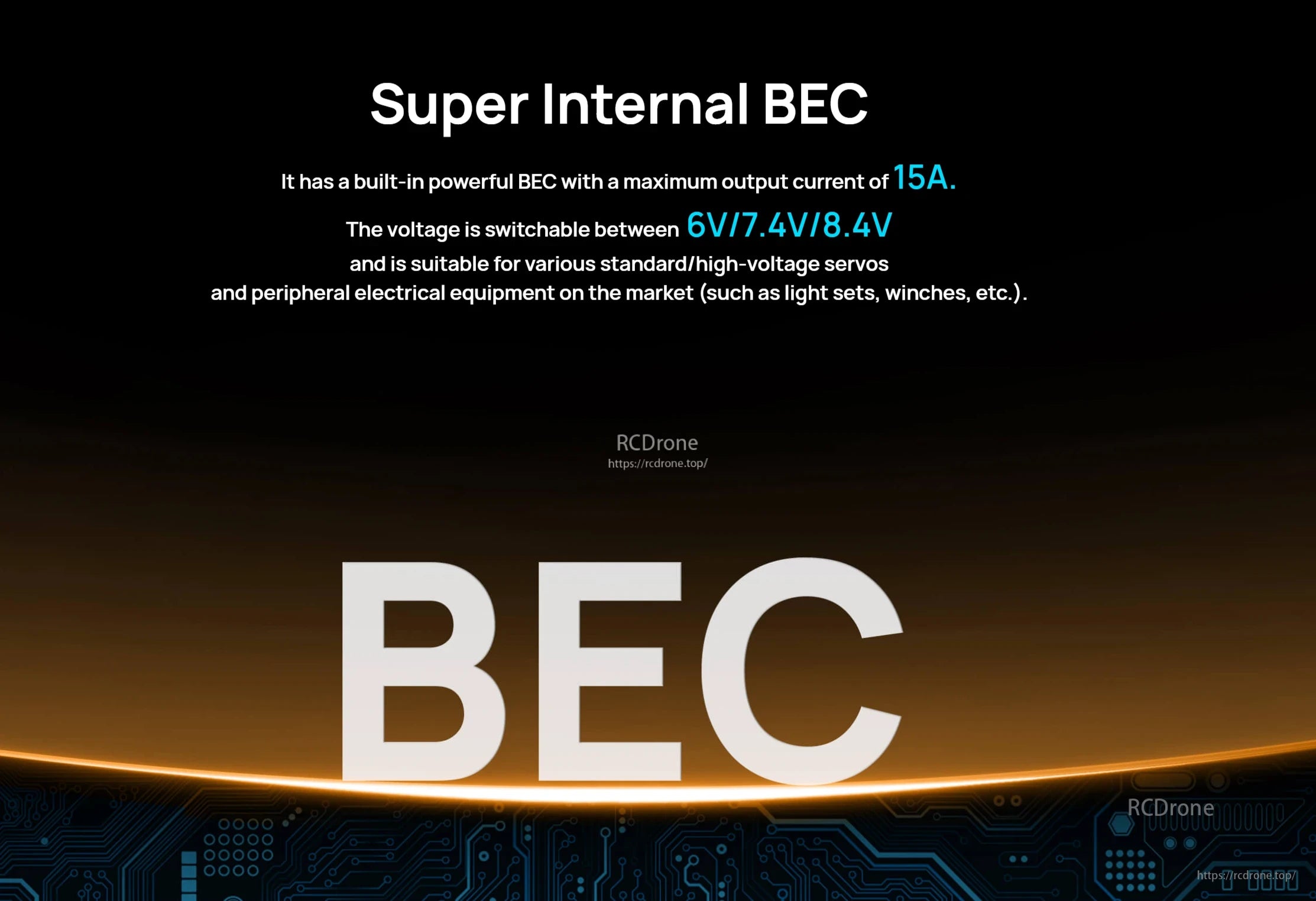Graphic for Hobbywing XeRun AXE PLUS R3 ESC showing internal BEC: 15A max output and switchable 6V/7.4V/8.4V