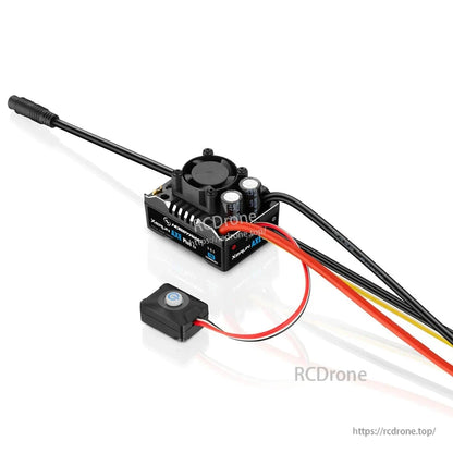 Hobbywing XeRun AXE Plus R3 sensored brushless ESC with cooling fan, power leads, and on/off switch