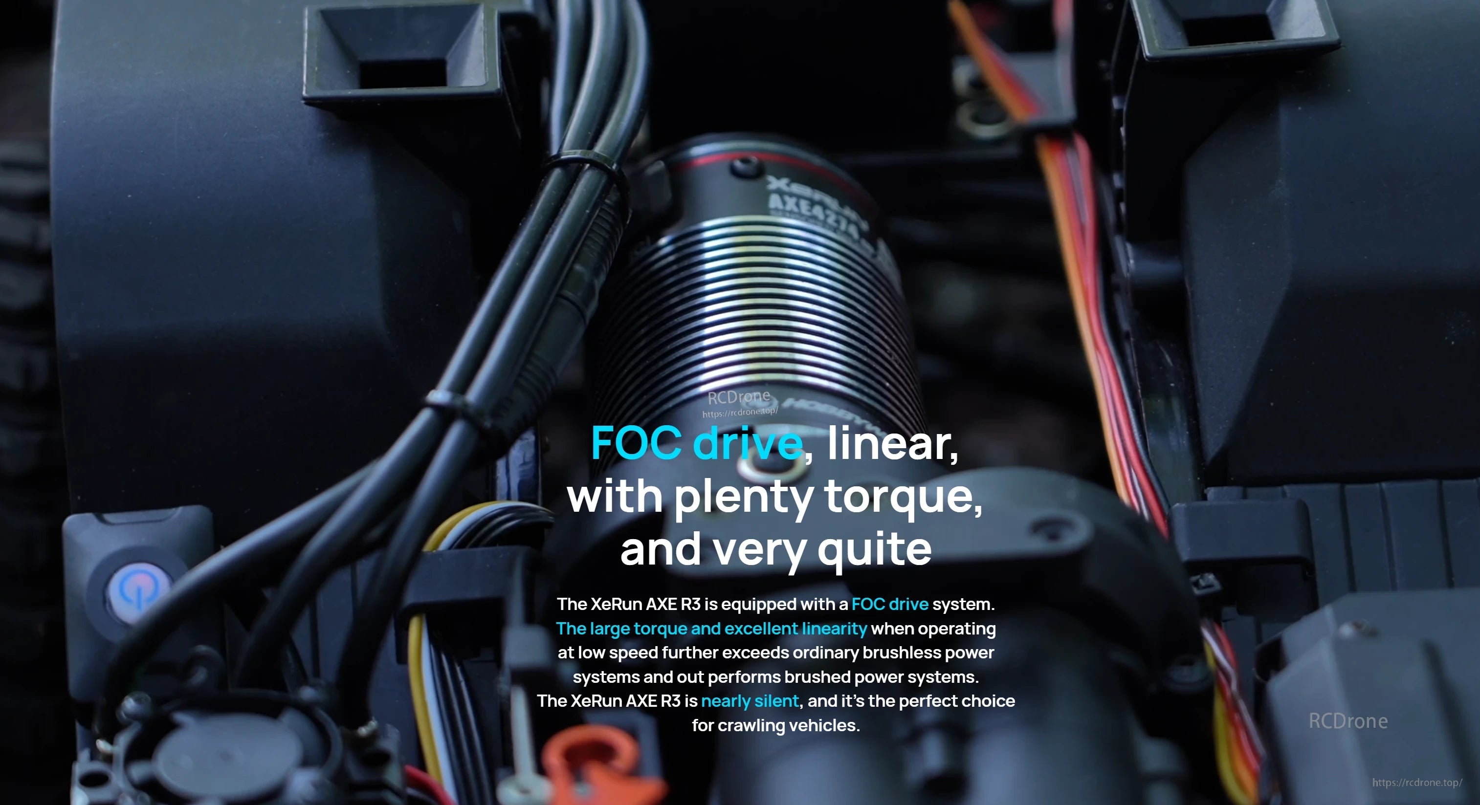 Hobbywing XeRun AXE R3 brushless power system installed in an RC crawler chassis with wiring and motor can visible