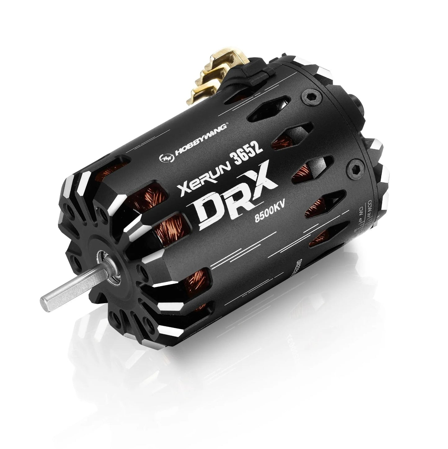 Hobbywing XeRun DRX 3652 8500KV brushless RC motor with black can, vented housing, and solder tabs